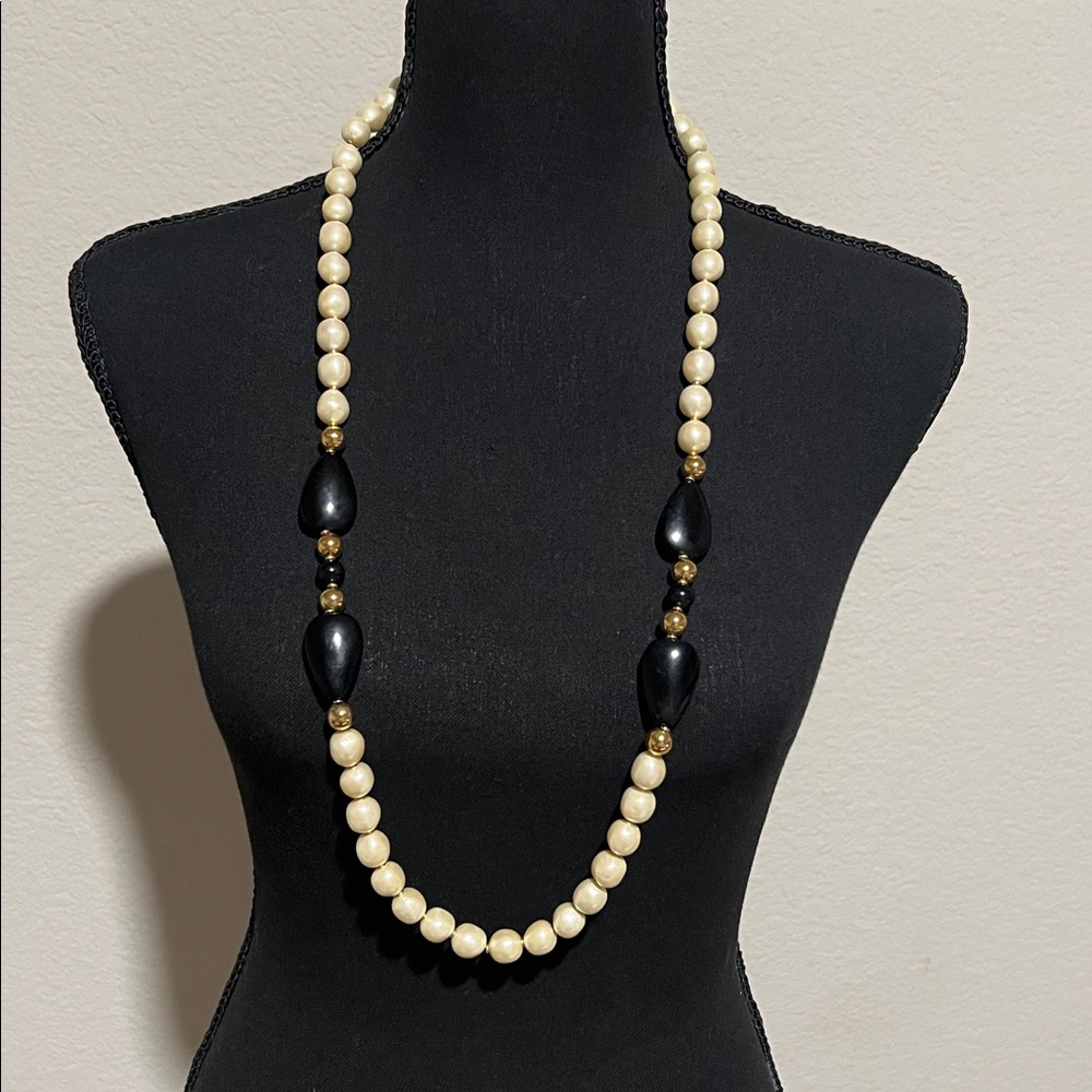 Vintage Napier Black & Cream Beaded Statement Necklace Gold Accents